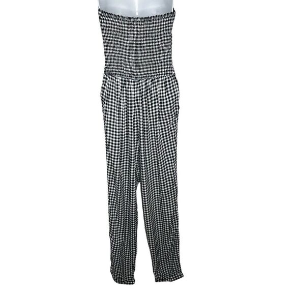 NWT Hollister Jumpsuit L 100% Viscose Strapless Pockets Cutout Black Gingham - Picture 4 of 10